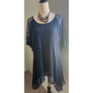 Indigo Soul Navy Blue Textured Lace Tunic Sheer Sleeves Top High Low Hem 2X